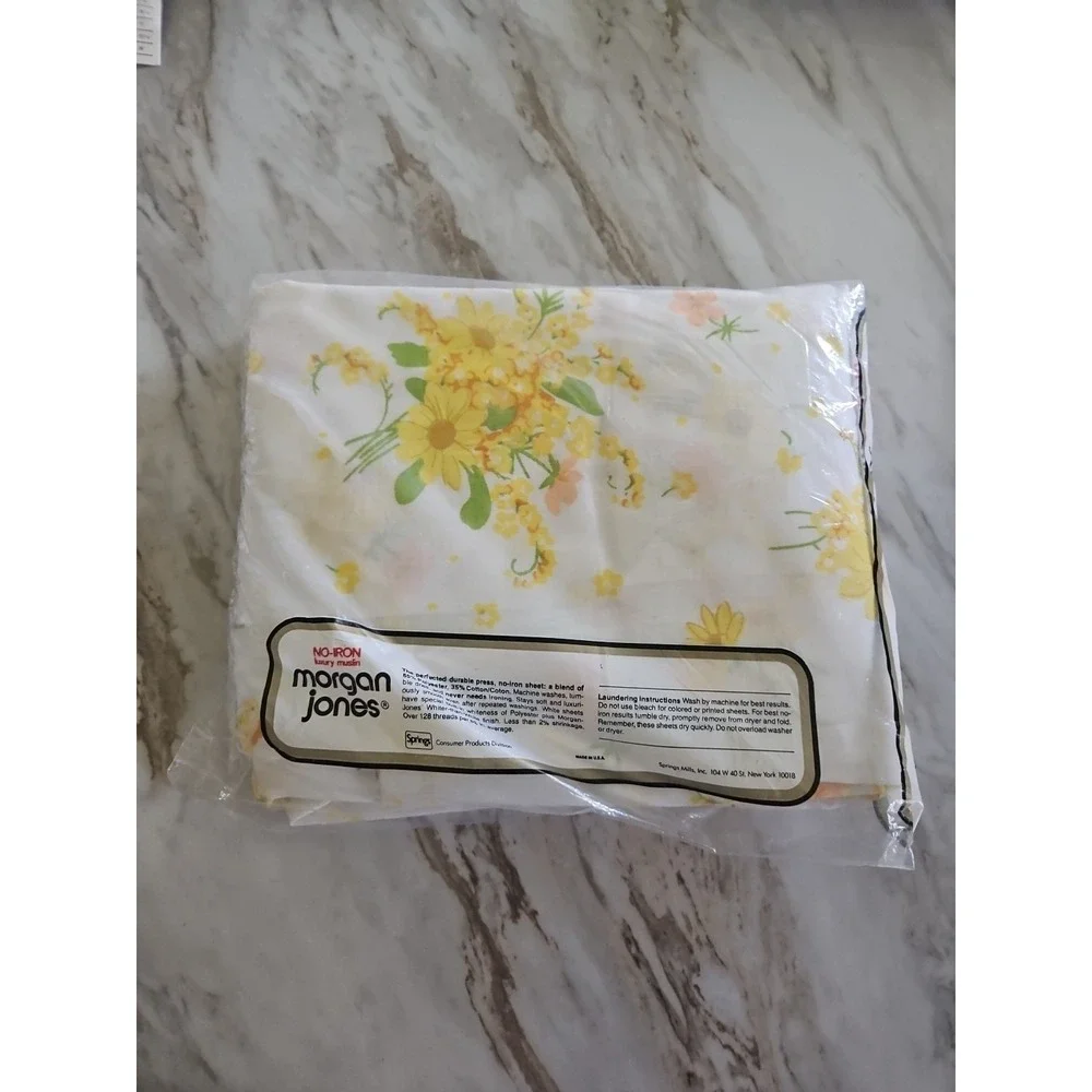 Vintage New Double Fitted Sheet Morgan Jones Pattern Yellow Flowers No Iron
